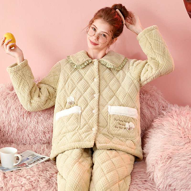 芬腾冬款三层夹棉睡衣女珊瑚绒加绒加厚法兰绒保暖2025年新款套装