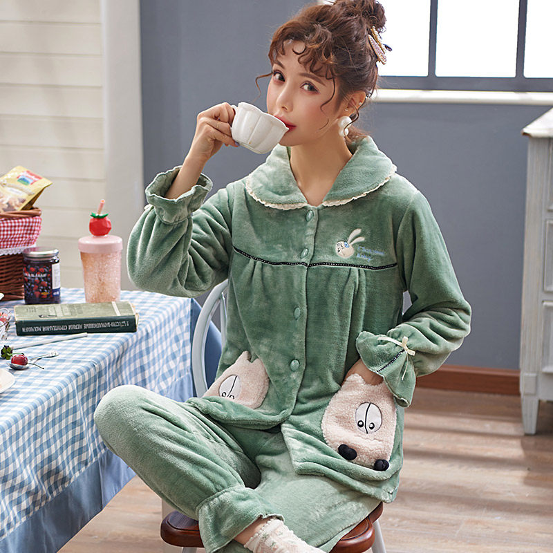 秋冬季11月份10加绒法兰绒产后睡衣 媛靡哺乳衣/月子服