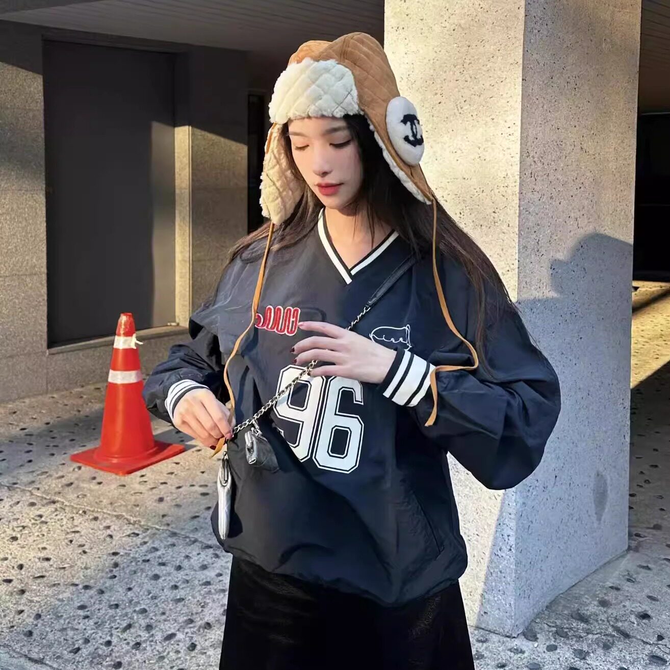 韩国潮牌nieeh卫衣Jennie同款美式复古v领球衣96号宽松冲锋衣上衣