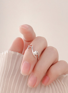 s925银伸懒腰的猫星人开口戒指女创意设计感小众学生指环韩版饰品