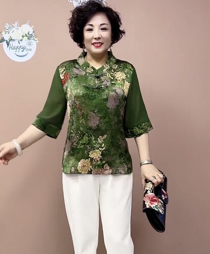 春夏新款丝缎衬衫时尚减龄中老年妈妈装盘扣宽松大码遮肉真丝T恤 - 图3