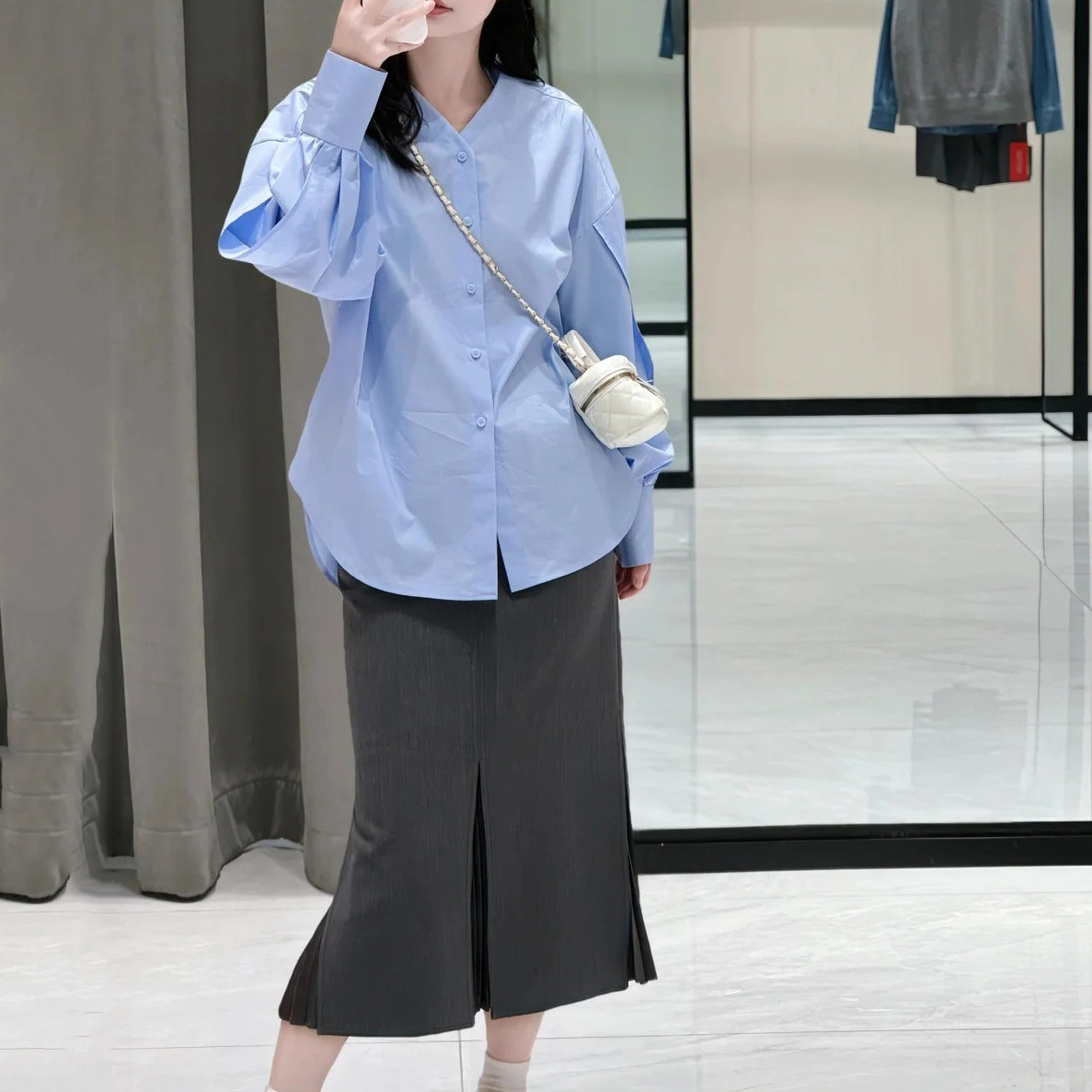 商场同款女装2025早秋新款时尚百搭立领落肩宽松泡泡袖衬衫衬衣女