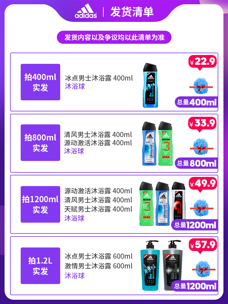 阿迪达斯点妆专卖店阿迪达斯男士600冰点沐浴露套装大容量二合一激情沐浴乳液家庭装0