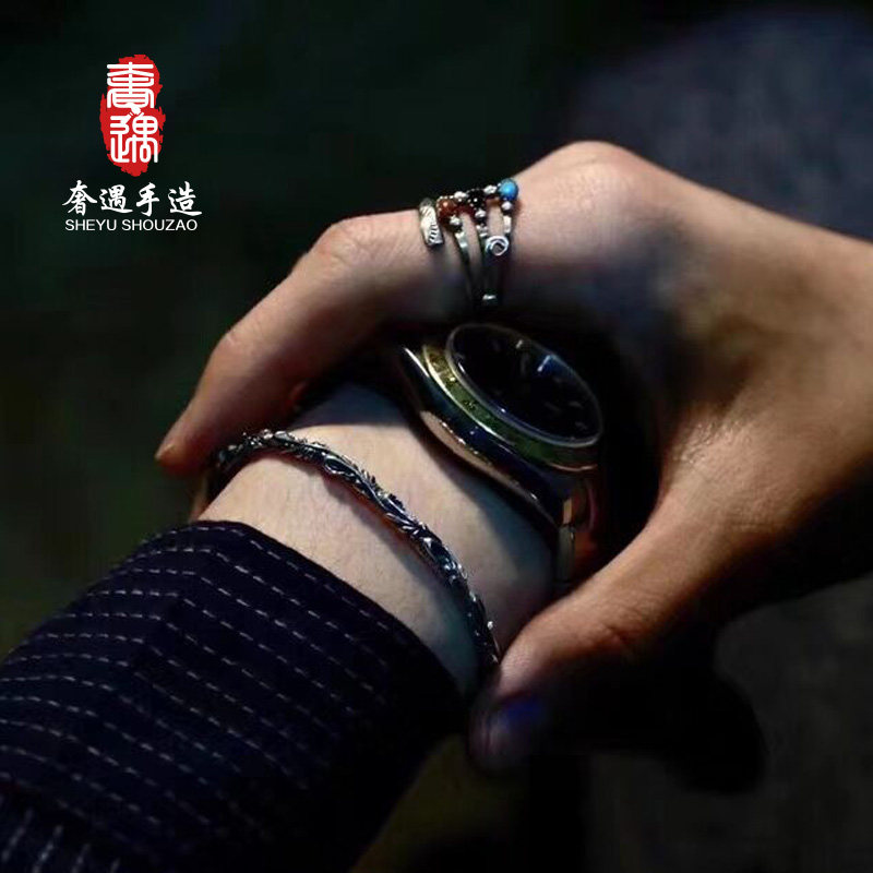 奢遇复古风s925纯银手镯男做旧手环 奢遇珠宝手镯