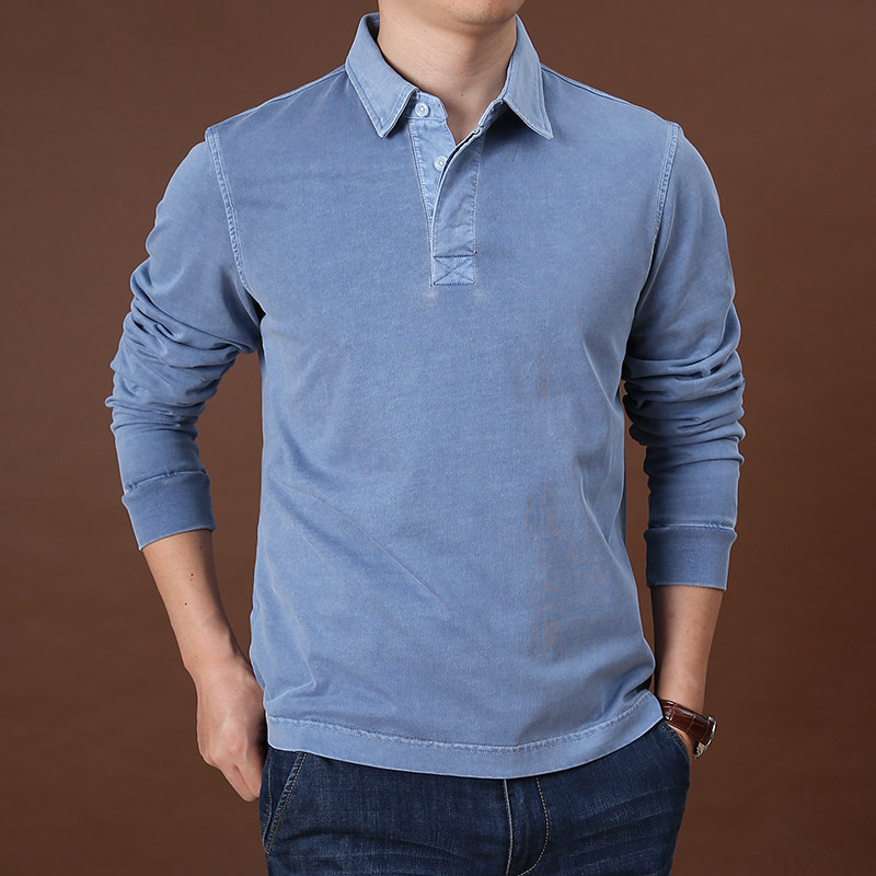 水洗纯棉翻领长袖男士宽松polo衫 简顿T恤
