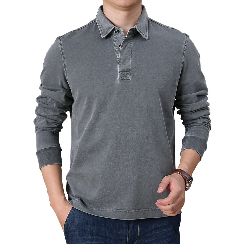 水洗纯棉翻领长袖男士宽松polo衫 简顿T恤