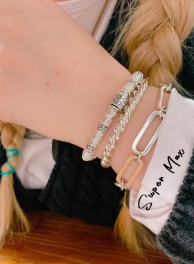 原创设计S925纯银实心双层重工小众 笑脸银圈叠戴盘缠手链