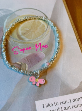 supermax原创小众设计S925纯银碎银子粉色小蝴蝶简约极细叠戴手链