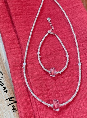 原创小众设计925纯银红色琉璃珠碎银子珍珠叠戴手链项链女