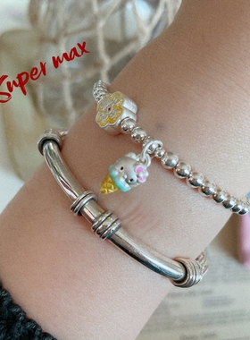 Super max原创小众纯银s925足银999平安喜乐冰淇淋猫银珠叠戴手链