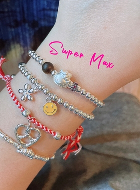 super max 原创小众设计纯银S925沉香小猫福袋小花简约叠戴手链