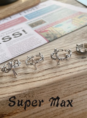 韩国东大门进口925纯银重工小众设计开口十字架叠戴戒指女