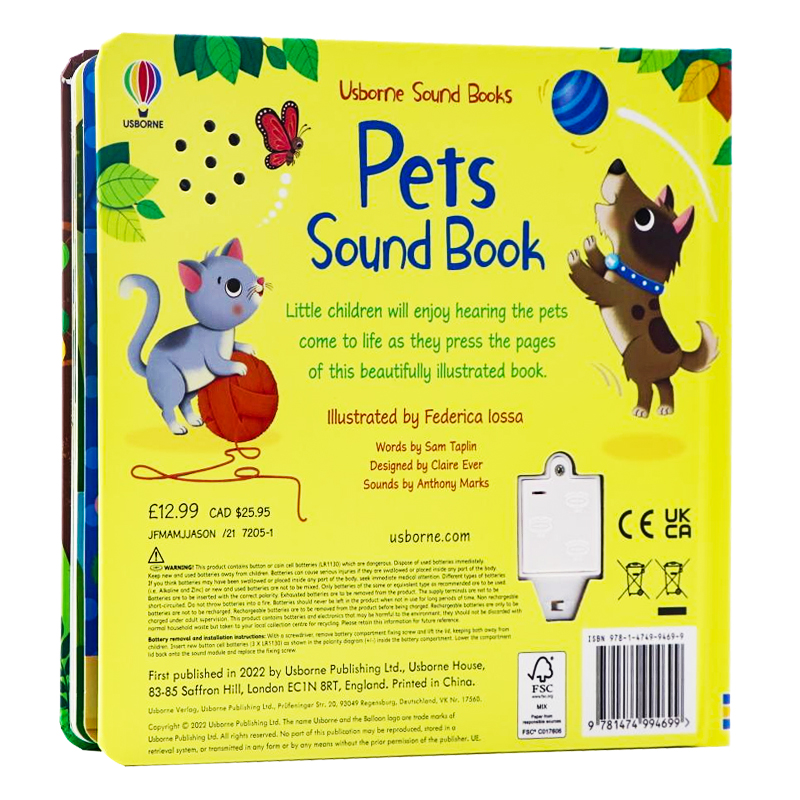 Usborne宠物音乐发声书 英文原版绘本 Usborne Sound Books Pets Sound Book 宝宝早教启蒙英语绘本纸板玩具书 洞洞书 提升观察力 - 图0