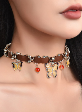 美拉德棕色皮革蝴蝶choker项链女