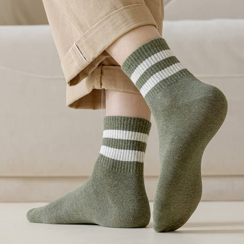 袜子男士中筒春秋款100%吸汗纯棉防臭抗菌秋冬季条纹全棉无骨长袜 - 图3