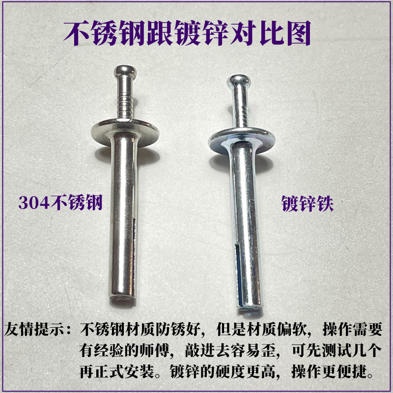 新型美式膨胀钉M6M8快速击芯钉防盗网门窗专用插片壁虎镀锌内膨胀