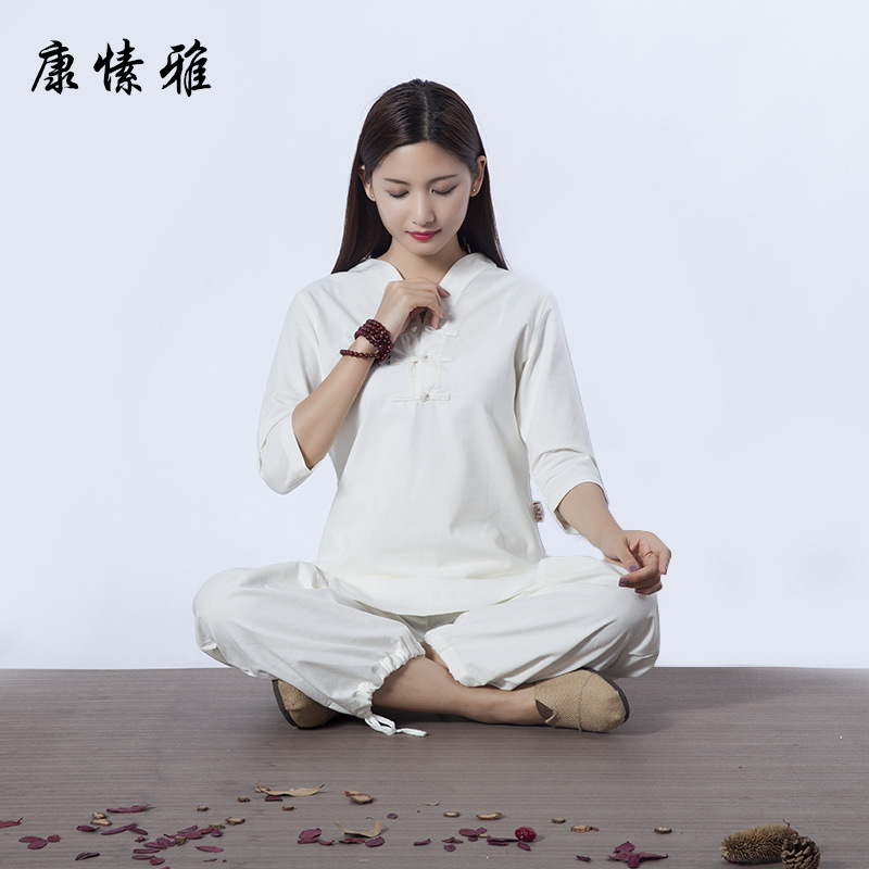 亚麻女装套装高端修行禅服女禅意素衣夏文艺茶服女瑜伽打坐居士服 - 图0