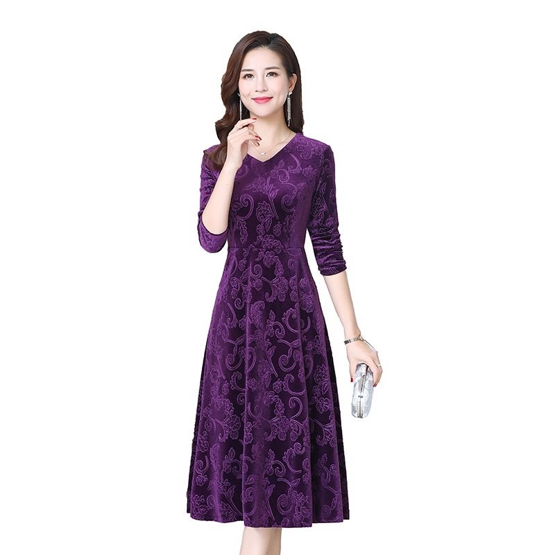 中老年女装金丝绒长袖春秋打底裙子 浅织中老年女装