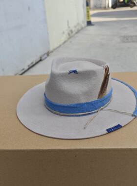 Pure wool top hat, woven ribbon, feather decoration, sheep f
