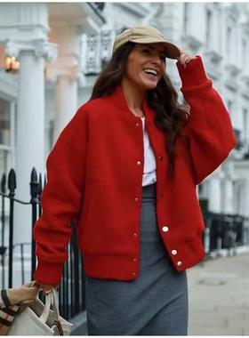 红色women's clothing spring and autumn 季new 风纯色毛呢棒球