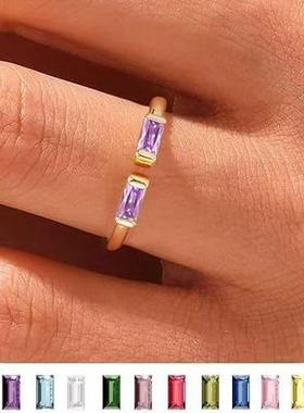 外贸新款十二月诞生石ring 女minimalist 长方形锆石小众高级感