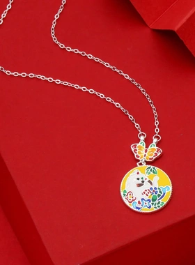 7676号足银990国风珐琅双面猫咪国潮吊坠项链新款设计感锁骨链