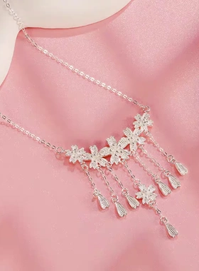 足银990五朵花 7 个流苏项链手工精致高级长流苏樱花女繁花似锦