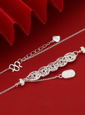 7326号足银999.9银色新中式碎冰冰五帝钱项链工厂直销直播爆款