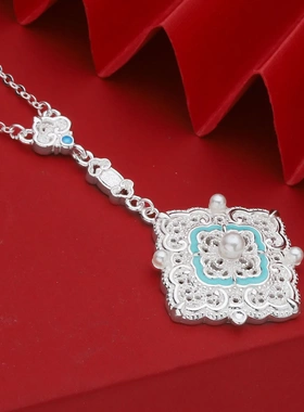 7504号足银990国风新中式珐琅花丝方形吊坠项链女款小众高级颈链