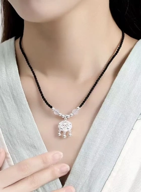 足银999平安锁银色中式复古镂空福字锁包项链招财转运长命锁编制