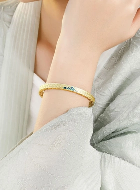 6798号足银999.9千里江山银手镯山海描金珐琅银镯子新中式开口