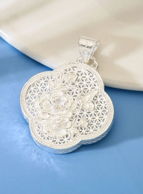 8618号足银990珐琅四叶草蝶恋花吊坠花丝清新森系直播爆款