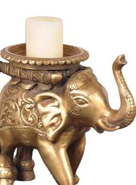 印度进口复古黄铜雕花手工装饰大象造型烛台轻奢美式金属特色摆件