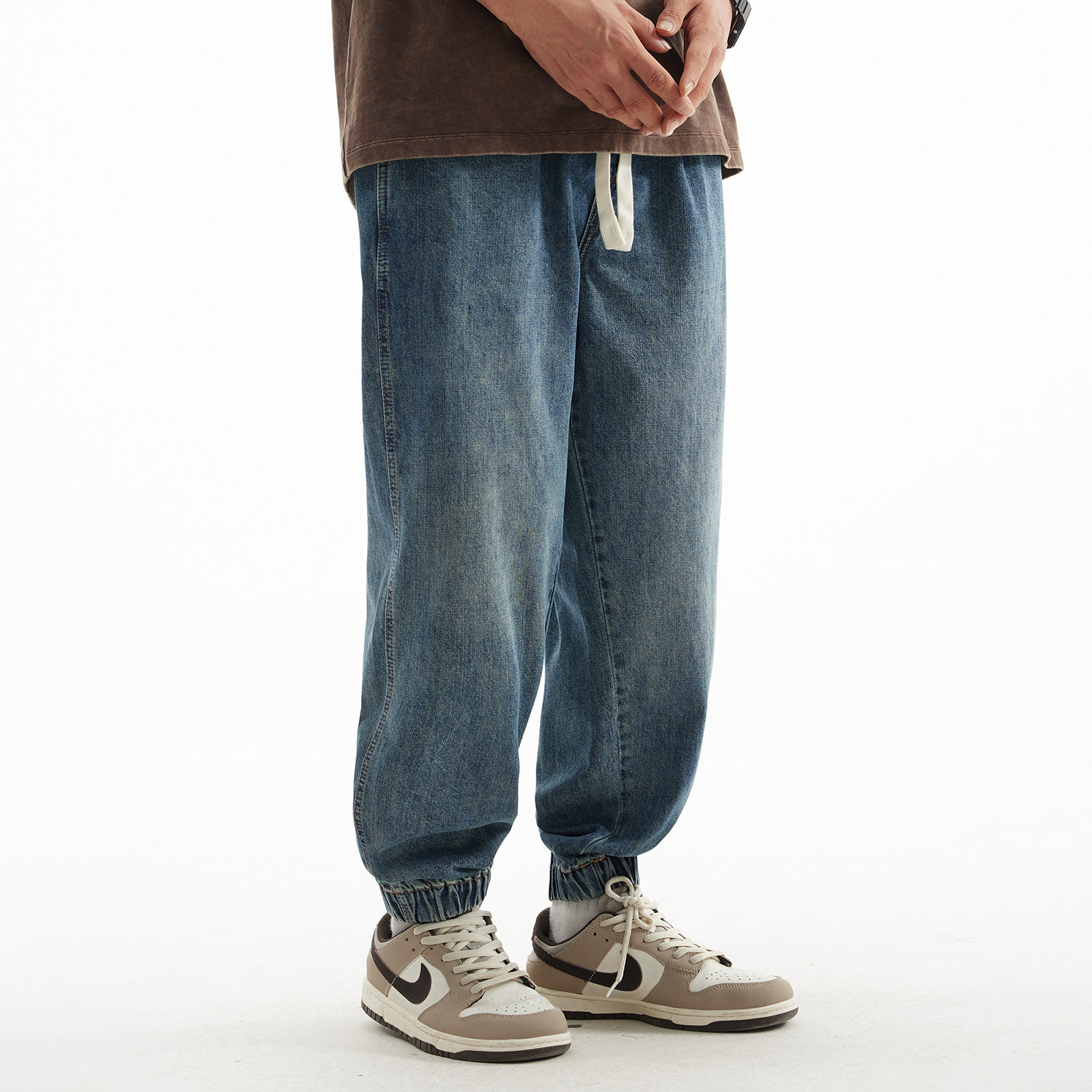 秋季新款水洗牛仔裤男宽松大码休闲长裤加肥加大松紧腰束脚哈伦裤,淘宝优惠券,粉丝福利购,淘宝优惠卷