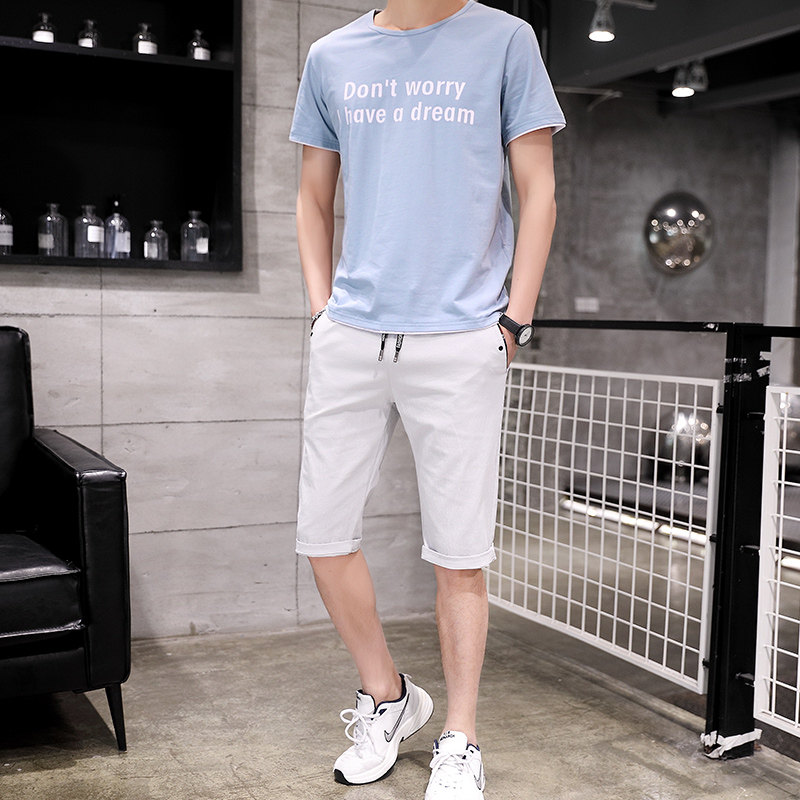 男士夏季休闲运动套装2024夏装时尚短袖字母T恤韩版短裤五分裤潮,淘宝优惠券,粉丝福利购,淘宝优惠卷