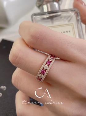 女S925纯银镀金独特粉红排钻戒指