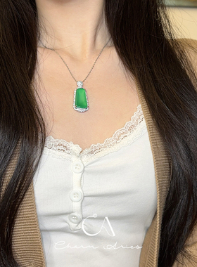 s925银复古天然冰种绿玉髓项链