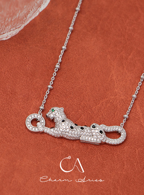 S925纯银豹子项链珐琅黑花纹轻奢满钻高级感金钱豹绿眼女士锁骨链