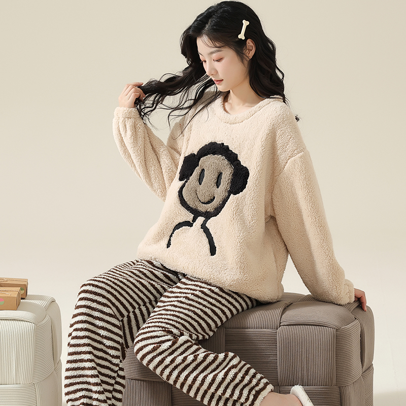 珊瑚绒睡衣女士秋冬季加绒加厚可爱卡通法兰绒家居服冬款保暖套装