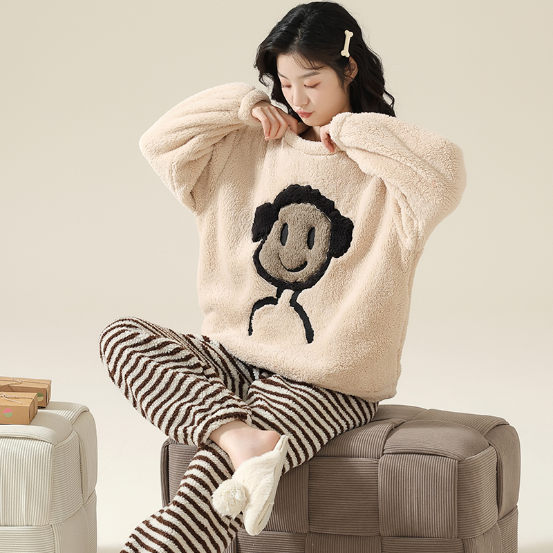 珊瑚绒睡衣女士秋冬季加绒加厚可爱卡通法兰绒家居服冬款保暖套装