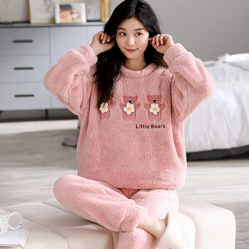 珊瑚绒睡衣女秋冬季加绒加厚可爱卡通法兰绒保暖家居服可外穿套装