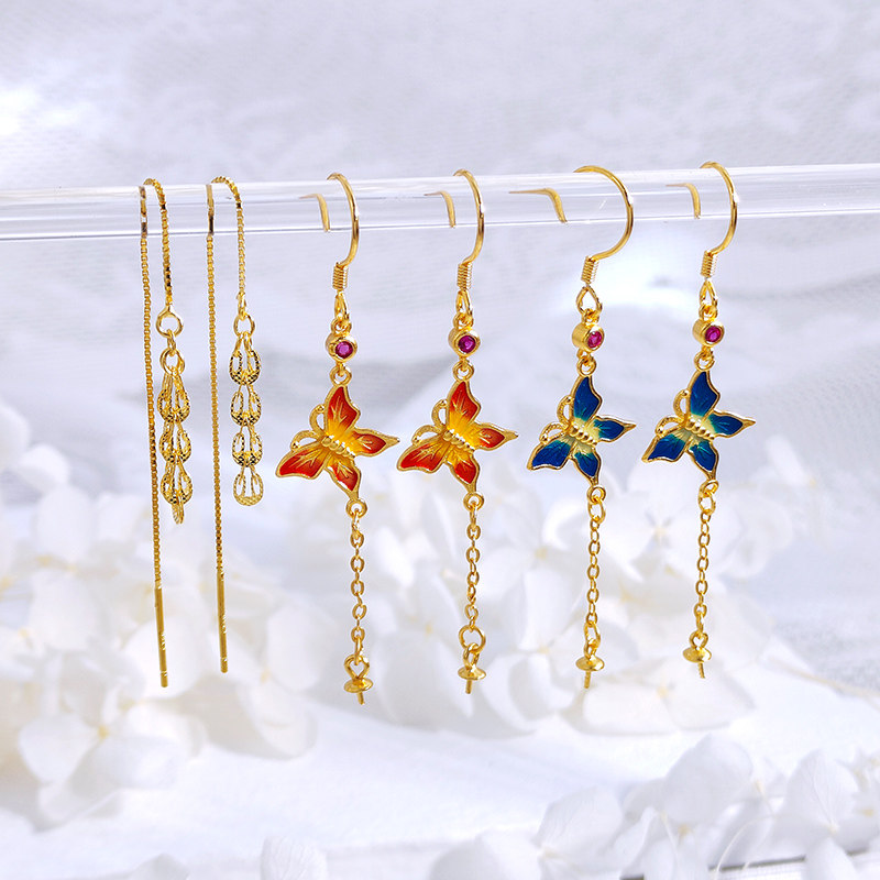 S925古法银镀金耳环耳线配件烧蓝蝴蝶耳钩简约DIY配饰耳链耳钩,淘宝优惠券,粉丝福利购,淘宝优惠卷