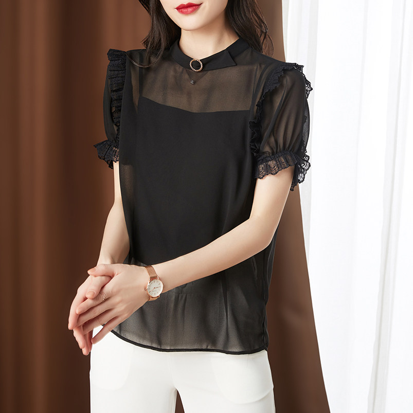 透视女短袖2020夏季新款宽松雪纺衫 古妮朵女装蕾丝衫/雪纺衫