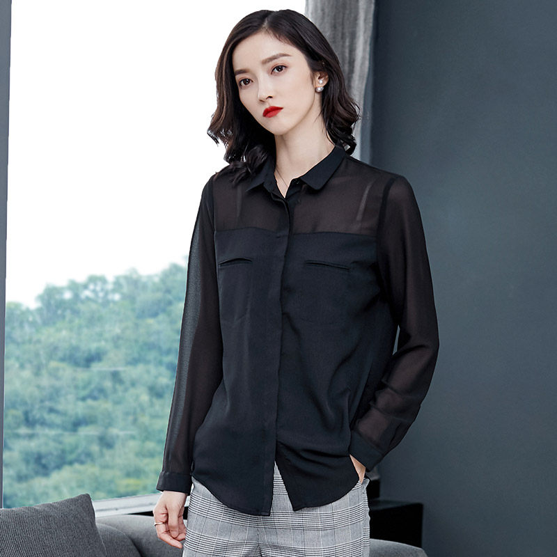 洋气百搭女2020秋装新款黑色衬衫 古妮朵女装蕾丝衫/雪纺衫