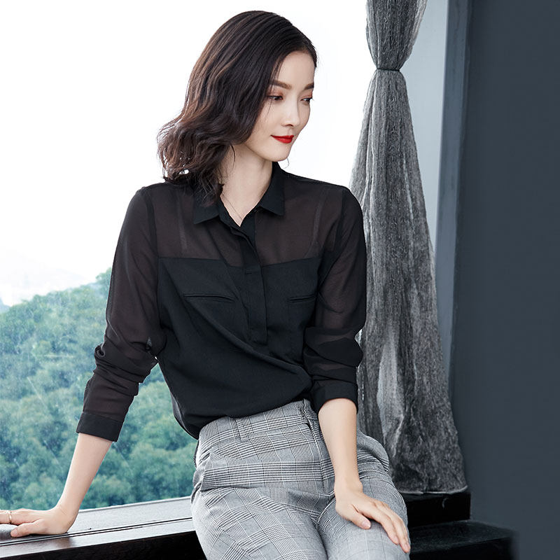 洋气百搭女2020秋装新款黑色衬衫 古妮朵女装蕾丝衫/雪纺衫