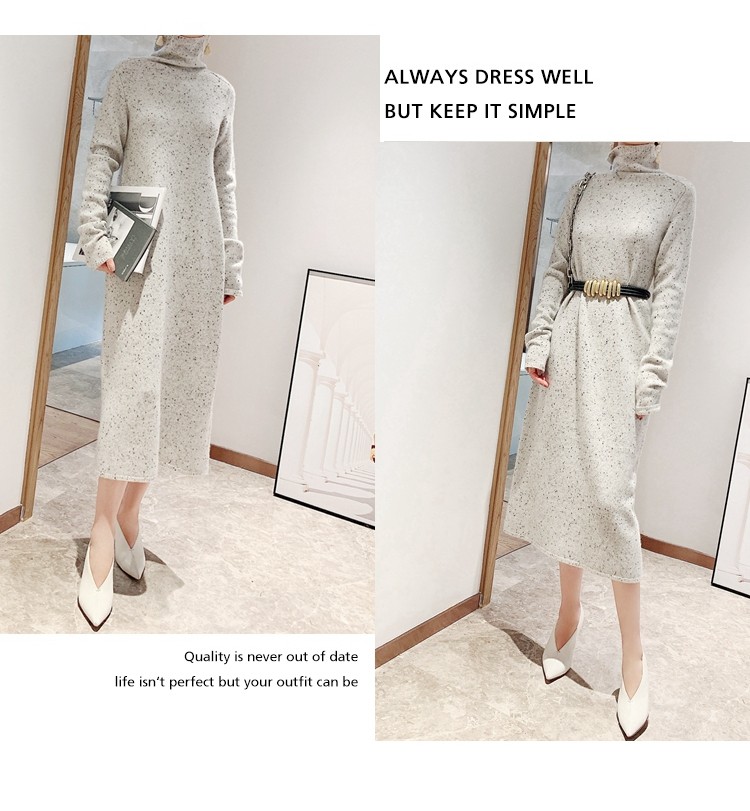 欧美style彩点羊绒针织套头毛衣裙中长款连衣裙秋冬高领宽松H3998