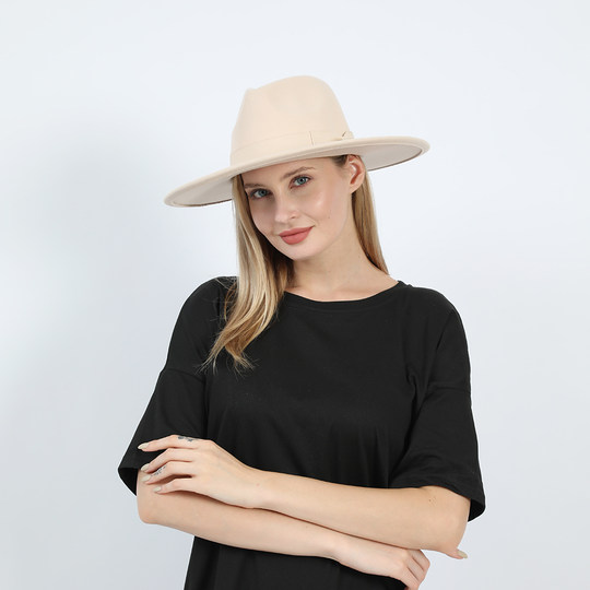 European and American peach heart bow flat brimmed woolen hat with large brim