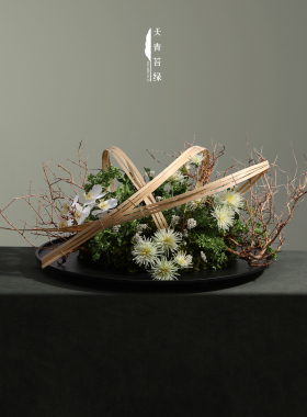 天青苔绿中式竹片插花摆件