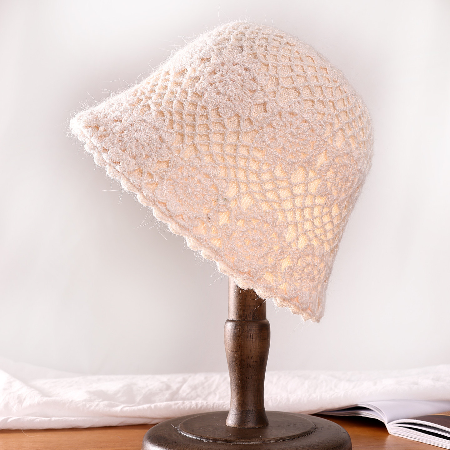 手工编织镂空渔夫帽女秋冬时尚蕾丝花边兔毛保暖帽子显脸小水桶帽,淘宝优惠券,粉丝福利购,淘宝优惠卷