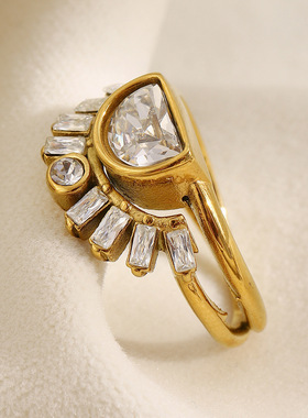 欧美时尚气质小众个性手饰不锈钢镀18K金复古太阳双层戒指